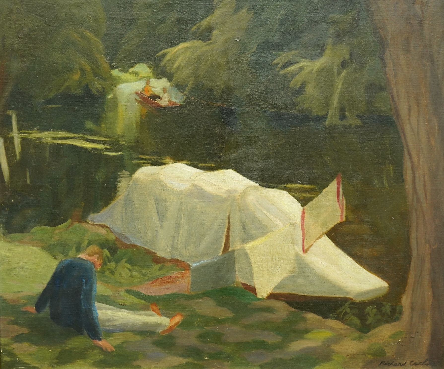 Richard Carline (English, 1896-1980), 'River Camp', oil on canvas, 45 x 54cm